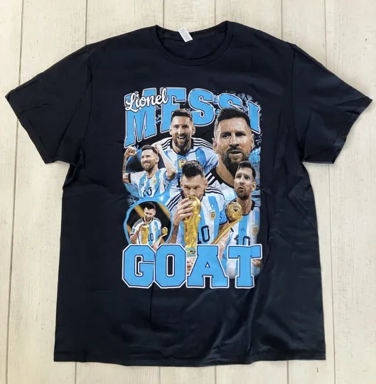 Discover Lionel Messi Argentina World Cup GOAT Graphic Soccer Tee Shirt Black