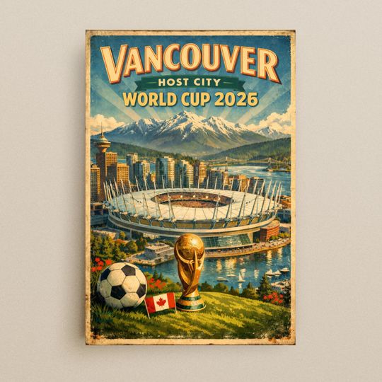 Discover Vancouver 2026 Soccer World Cup Poster | Retro Travel Art | World Cup Host City Wall Art | Vintage Soccer Print | Canada Football Decor