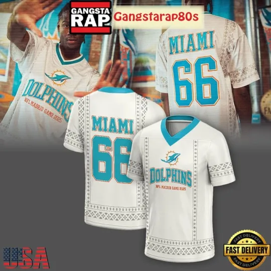 Discover Miami City Dolphins Madrid Game 2025 Football Jersey