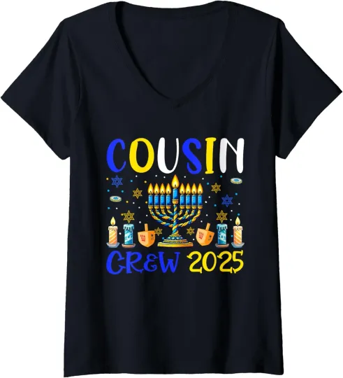 Discover Cousin Crew 2024 Hanukkah Family Costume Menorah Ladies' V-Neck Tshirt