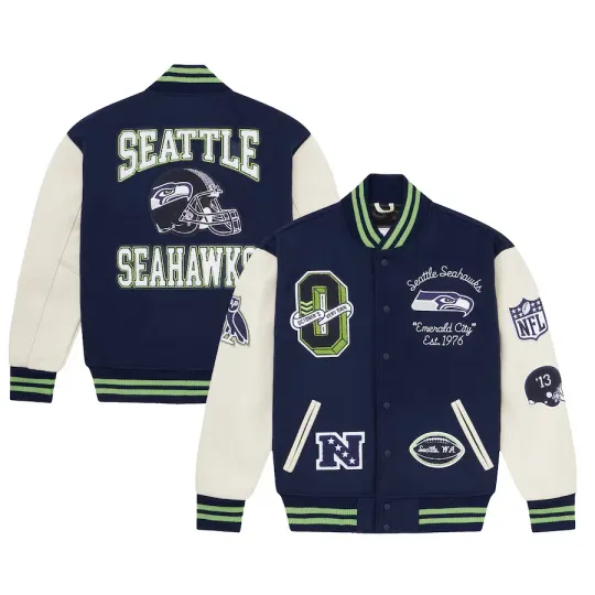 Discover NWT Men's football Navy Seattle Seahawks Full-Snap Varsity Jacket
