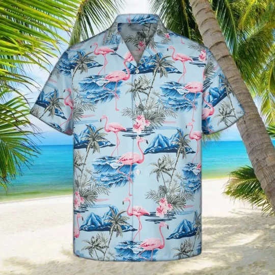 Discover 3D Blue Flamingo Island Hawaiian Shirt for Summer Beach Outdoor