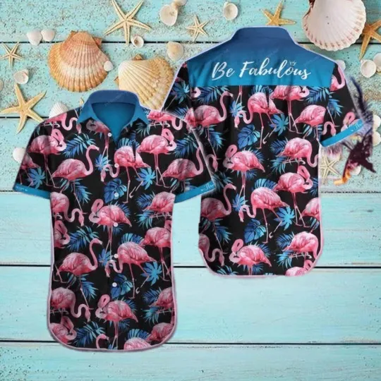Discover Flamingo Hawaiian Shirt Men’s Casual Short Sleeve Summer Beachwear