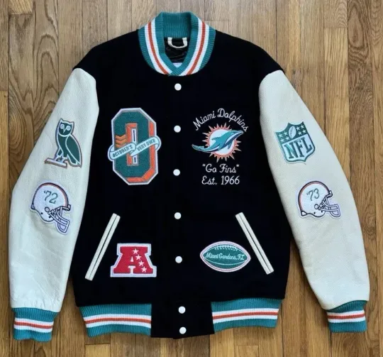 Miami Dolphins Leather Wool Varsity Jacket football Drake