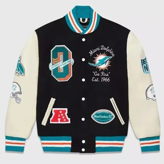 Discover Men's M Dolphins Black Wool Baseball Varsity Jacket