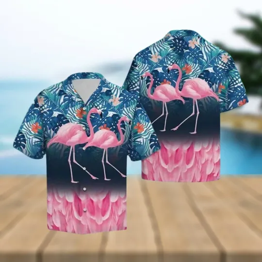 Discover Flamingo Hawaiian Shirt with Palm Leaves Pattern for Summer Holiday