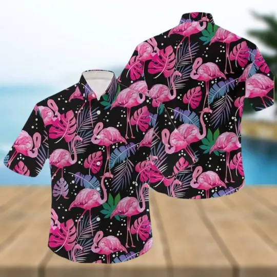 Discover Flamingo Hawaiian Shirt with Tropical Palm Leaves for Summer Holiday