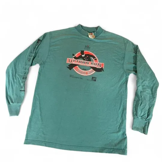 Discover VTG 2000 Uptown Run Long Sleeve Shirt Mens Large Teal Fruit of Loom Super Cotton