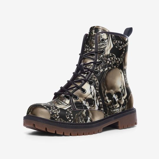 Unisex Casual Leather Boots with Skulls and Chains
