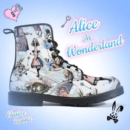 White Dusky Blue Pink Alice in Wonderland Canvas Boots for Women and Girls