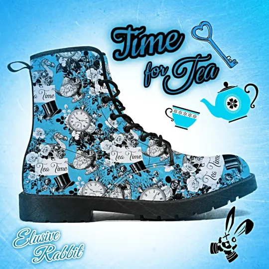 Time For Tea Blue Alice in Wonderland Canvas Boots Leather Flat Shoes for Women