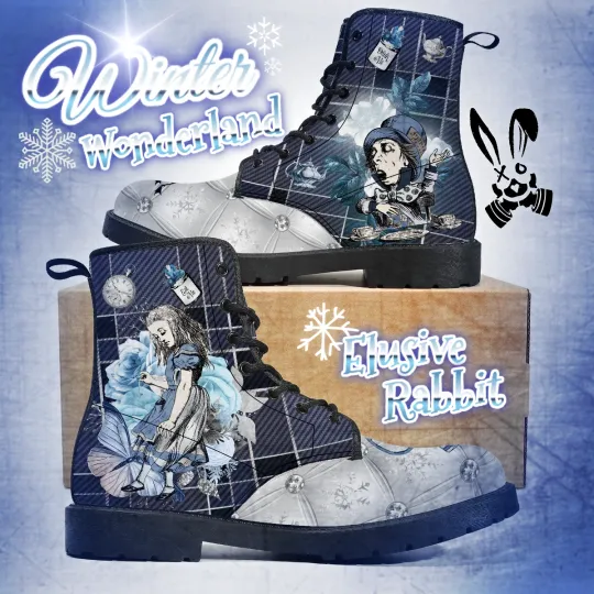Winter Tartan Blue Alice in Wonderland Canvas Boots with Custom Heel