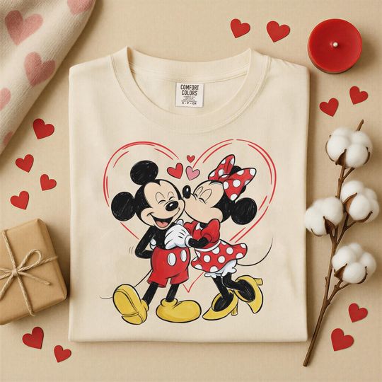 Discover Mickey Minnie Kissing T-Shirt, Disney Valentine Gift For Her And Him Tee, Mickey Minnie Couple Shirt