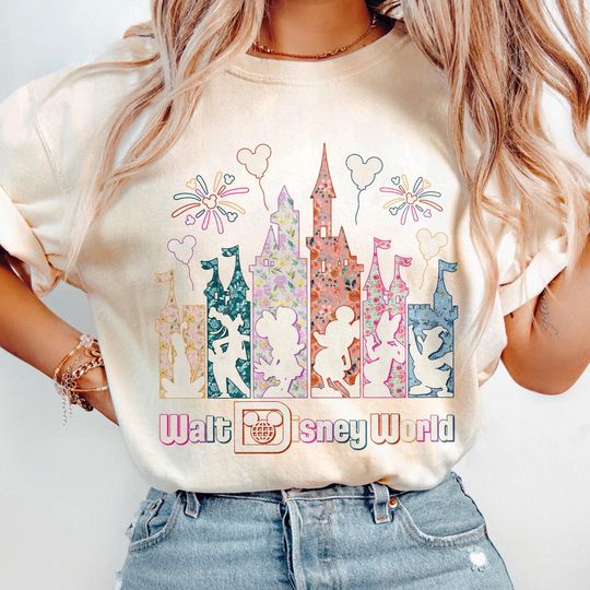 Discover Walt Vintage World Castle, Floral Mickey Minnie Silhouette, Retro Vintage Shirt Design