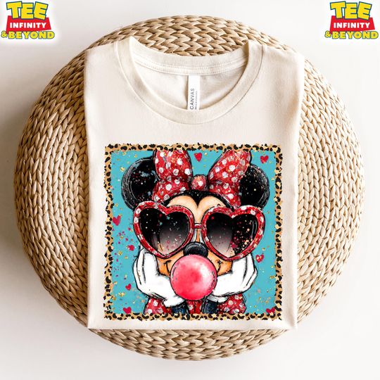 Discover Disney Minnie Happy Valentines Day T-Shirt, Cute Minnie With Heart Sunglasses And Bubblegum Love Shirt