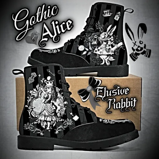 Gothic Black White Alice in Wonderland Canvas Boots for Women and Girls