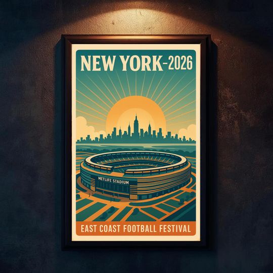 Discover New York 2026 Retro Travel Poster | NYC Skyline Digital Print | MetLife Stadium Art | Soccer World Cup 2026 Decor | Vintage USA Wall Art