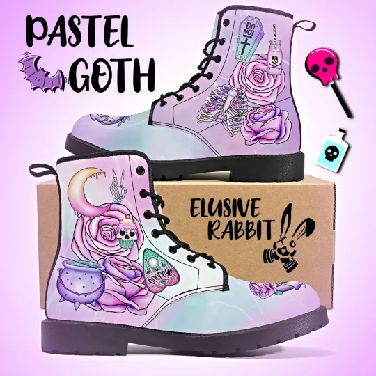 Pastel Goth Winter Gothic Canvas Boots Women Flat Shoes Moon Purple