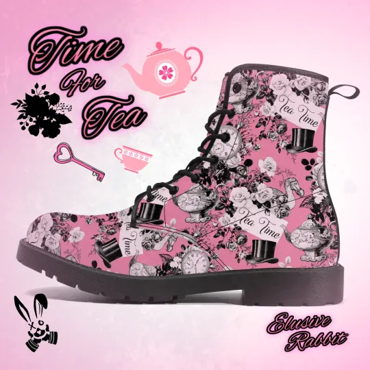 Discover Time For Tea Pink Alice In Wonderland Boots Custom Flat Shoe 3 4 5 6 7 8 Combat