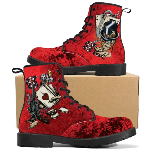 Poker Casino Combat Winter Canvas Boots Women Steampunk Flat Shoes Las Vegas