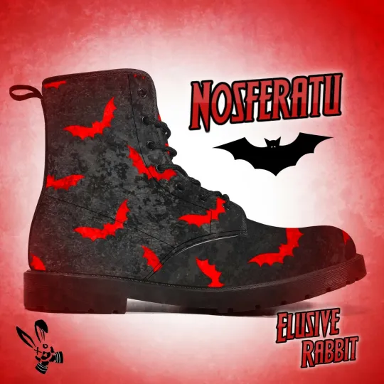 Gothic Black Red Bat Canvas Boots for Winter and Halloween