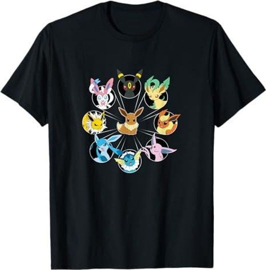 Eevee Evolution Circle T-Shirt with Espeon Jolteon Leafeon Flareon Sylveon Umbreon Vintage Poket mons Tee