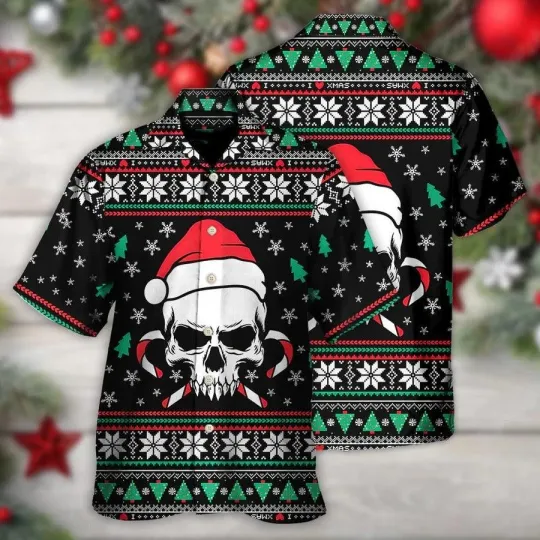 Discover Skull Aloha Hawaiian Shirt For Summer   Christmas Skull Wearing Santa Claus Hat