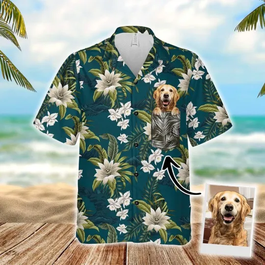 Customized Hawaiian Shirt With Pet Face   Tropical Vintage Flower Pattern Milita