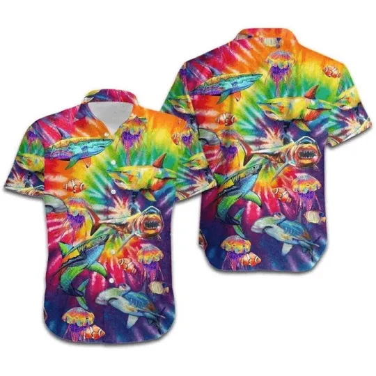 Discover LGBT Aloha Hawaiian Shirts For Summer Sharks Rainbow Tie Dye Colorful Hawaiian S