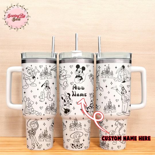 Discover Magical Character Mashup Laser Engraved Tumbler, Classic Mouse Characters Stainless Steel Cup, 40oz Insulated Travel Mug Gift