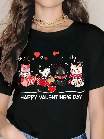 Discover Cats Valentine's Day T-Shirt For Women Happy Valentine's Day Cartoon Cat Design