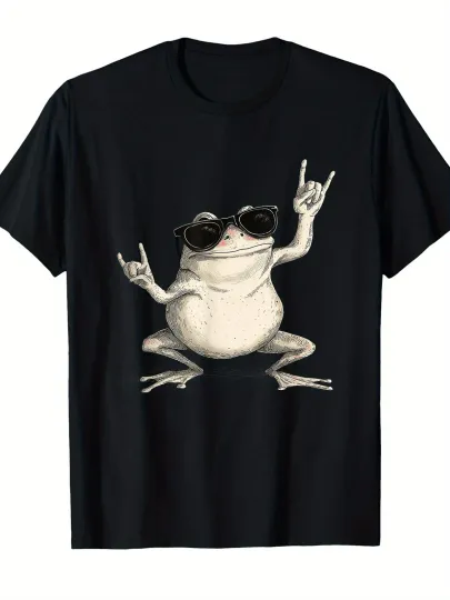 Discover Women's & Men's Black Frog with Fashion Glasses Rock On Hand Gesture T-Shirt