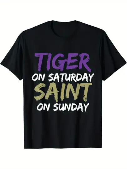 Discover "Saturday Tiger Sunday Saint" Weekend Contrast Print - Loose Fit Casual Shirt