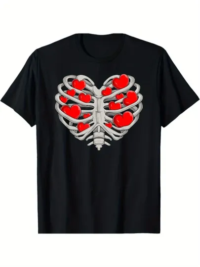 Discover Valentine'S Day Heart Skeleton T-Shirt - Casual Black Tee with Red Hearts