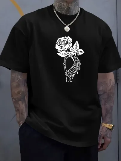 Discover Rose Creative Print Casual Summer T-Shirt Short Sleeve For Men