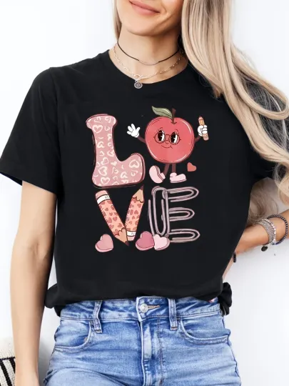 Discover Valentine'S Day Women'S Round Neck Fashionable Casual T-shirt Cute Apple Design