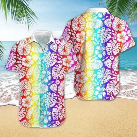 Discover LGBT Aloha Hawaiian Shirts For Summer Leaves Pattern Colorful Rainbow LGBT Pride