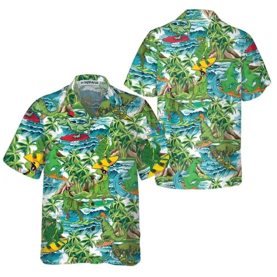 Discover Surfing Dinosaur Aloha Hawaiian Shirt For Summer Funny Dinosaur Shirt Cool Print