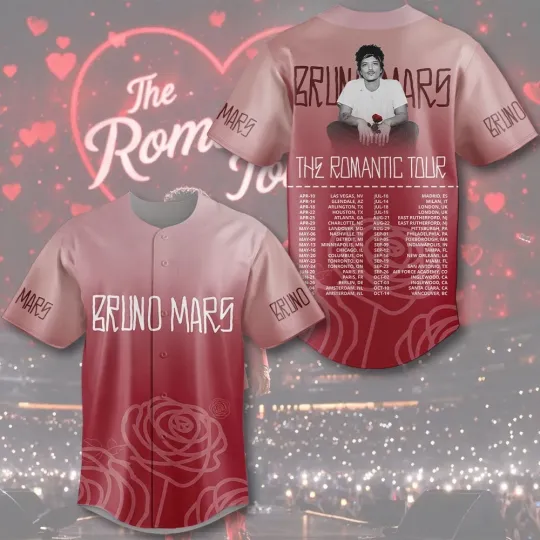 Discover Bruno Mars The Romantic Tour 2026 Baseball Jersey Size S-5XL