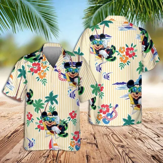 Discover Funny Mickey Mouse Hawaiian Shirt for Summer Beach Vacation with Tropical Palm Trees