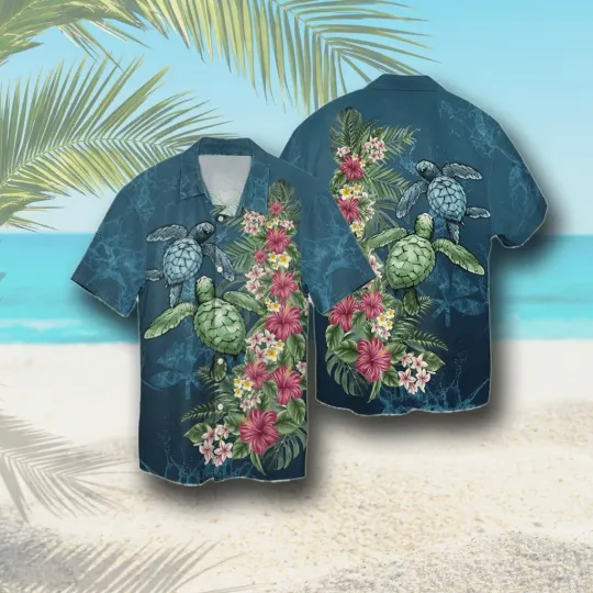 Discover Sea Turtle With Tropical Leaf Flower 3D Print Polyester Hawaiian Shirt