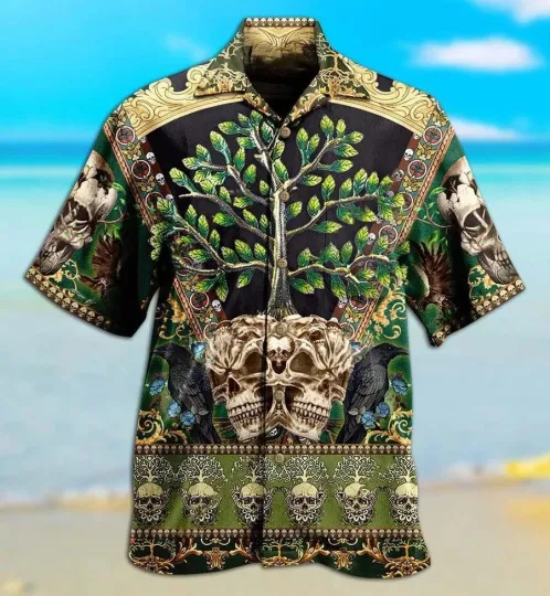 Discover Skull Aloha Hawaiian Shirt For Summer   Skull Trees Style Love Green Cool Hawaii