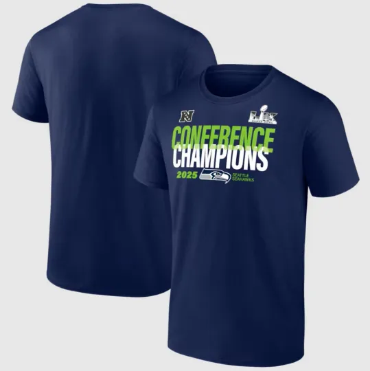 Discover Seattle Seahawk College Navy 2025 Champions Right Side Draw T-Shirt