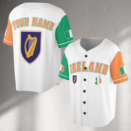 Discover Custom Ireland Baseball Jersey, Personalized Irish Flag Harp Shirt, St Patrick's Day Gift, Unisex Button Up Sports Top for Irish Fans