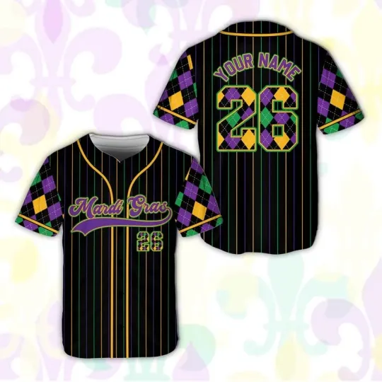 Personalized Argyle Mardi Gras New Orleans Festival Baseball Jersey