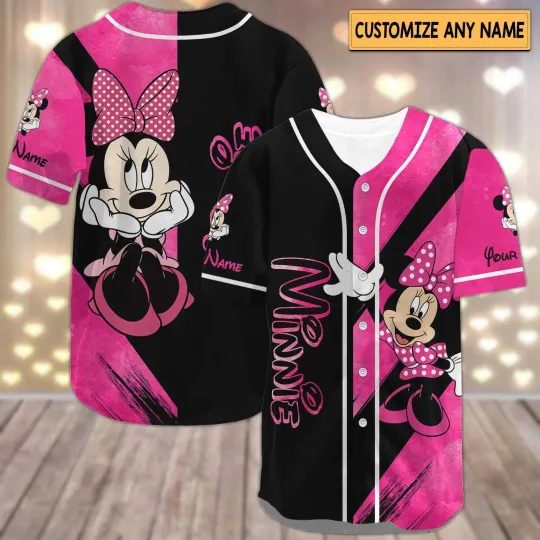 Discover Personalized Minnie Mouse Baseball Jersey Shirt in Black & Pink