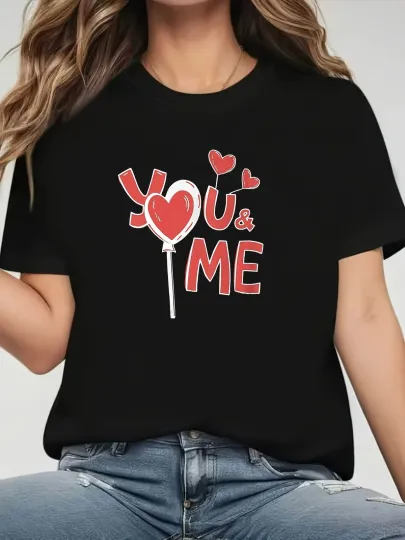Discover You & Me Heart Balloon Printed Black T-Shirt Short Sleeve, Casual Style