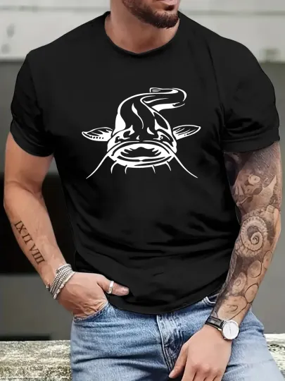 Discover Catfish Print Tee Shirt, Tees For Men, Casual Short Sleeve T-shirt For Summer