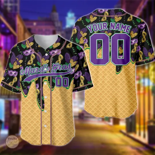 Discover Personalized Mardi Gras Carnival Ice Cream Drip Baseball Jersey