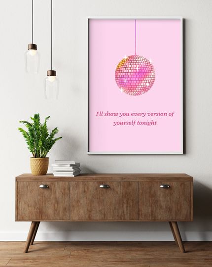 Pink Mirrorball Swift Lyrics Poster | Groovy Wall Decor | Disco Ball Self Portrait | TS Midnights Quote | Vertical Matte Poster